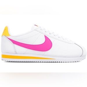 Nike Women's Cortez Sneakers with Pink and Yellow Accent (size 10)